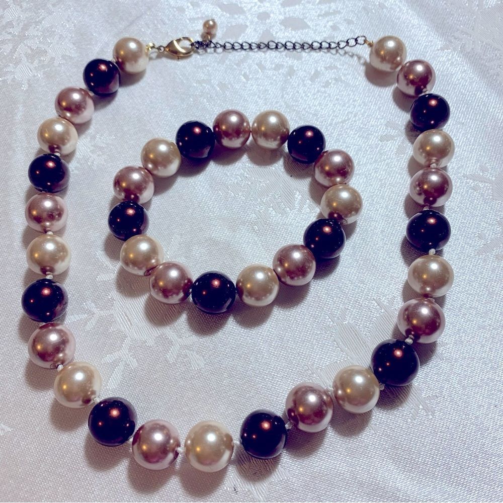 Jewel Tone Knotted Faux Pearl Glass Bead Necklace 16” & Flex Bracelet slight scr